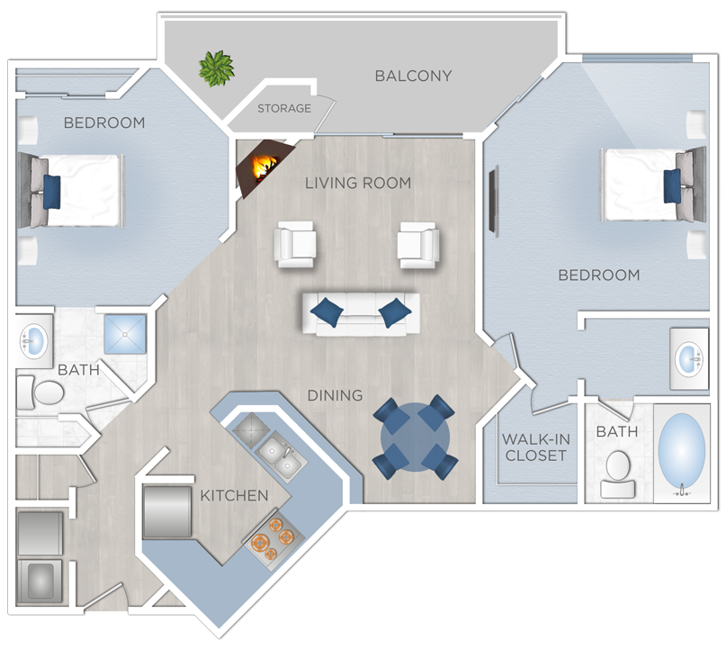 Floor plan for 2 beds, 2 baths, 965 sqft